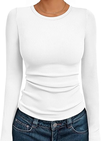 Women's Ribbed Long Sleeve Basic Top - Soft Stretch Crewneck Shirt for Work & Casual